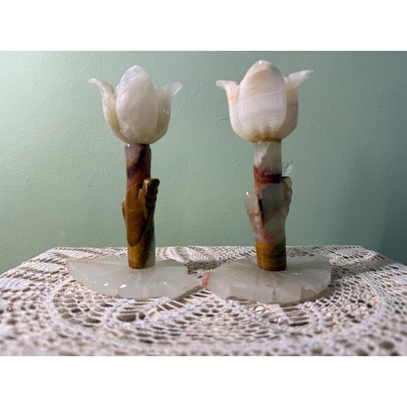 Vintage MCM Carved Onyx Flower Candle Stick Holders - Picture 1 of 16